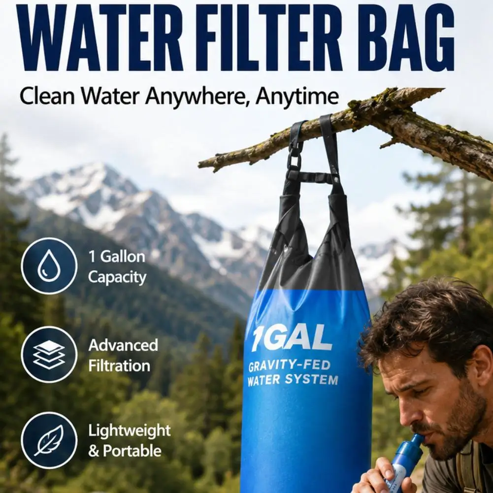 1 Gal Gravity Water Filter Bag Straw Kit Camping Hiking Filtration System Hose Purification Backpacking Emergency Survival Gear