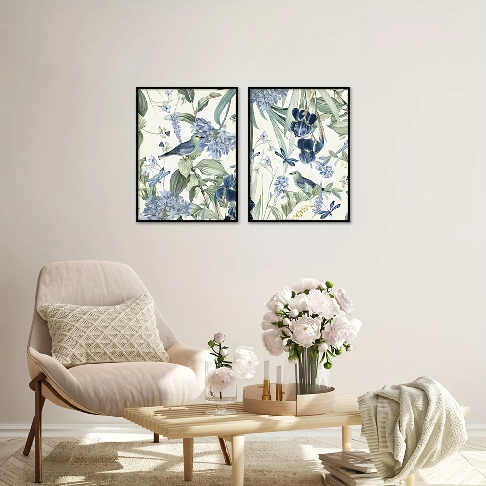 2pcs/set Vintage Bird Plants Flower Print Posters Pastoral Canvas Paintings Wall Art for Living Room Bedroom Decor Unframed