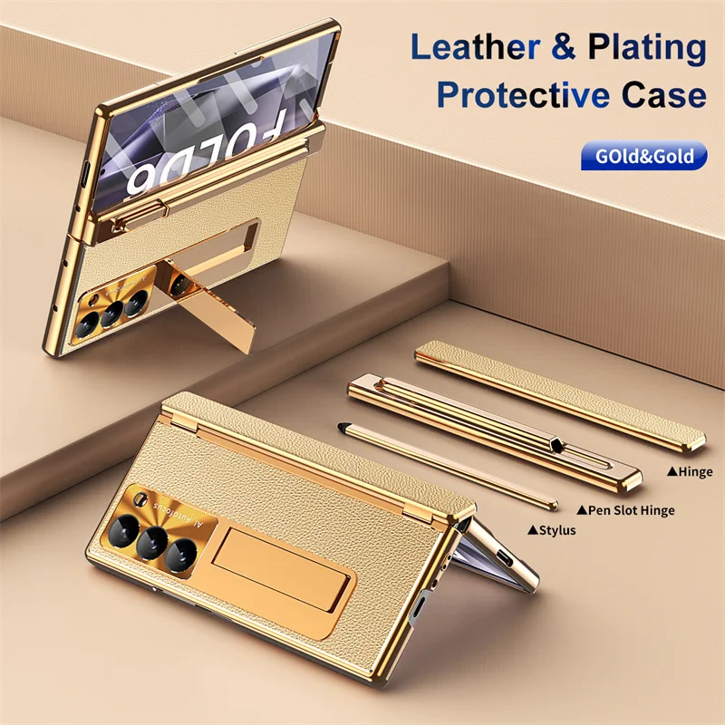 

Leather With Touch Pen Metal Holder Hinge Phone Case For Samsung Galaxy Z Fold 6 5 4 3 5G Screen Protector Full Protection Cover