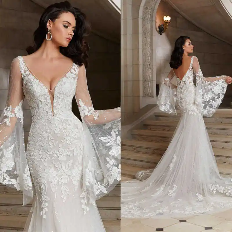 Charming Mermaid Wedding Dress Deep V Neck Flare Sleeve Floral Lace Chapel Train Gown For Garden Bridal Celebration Customized