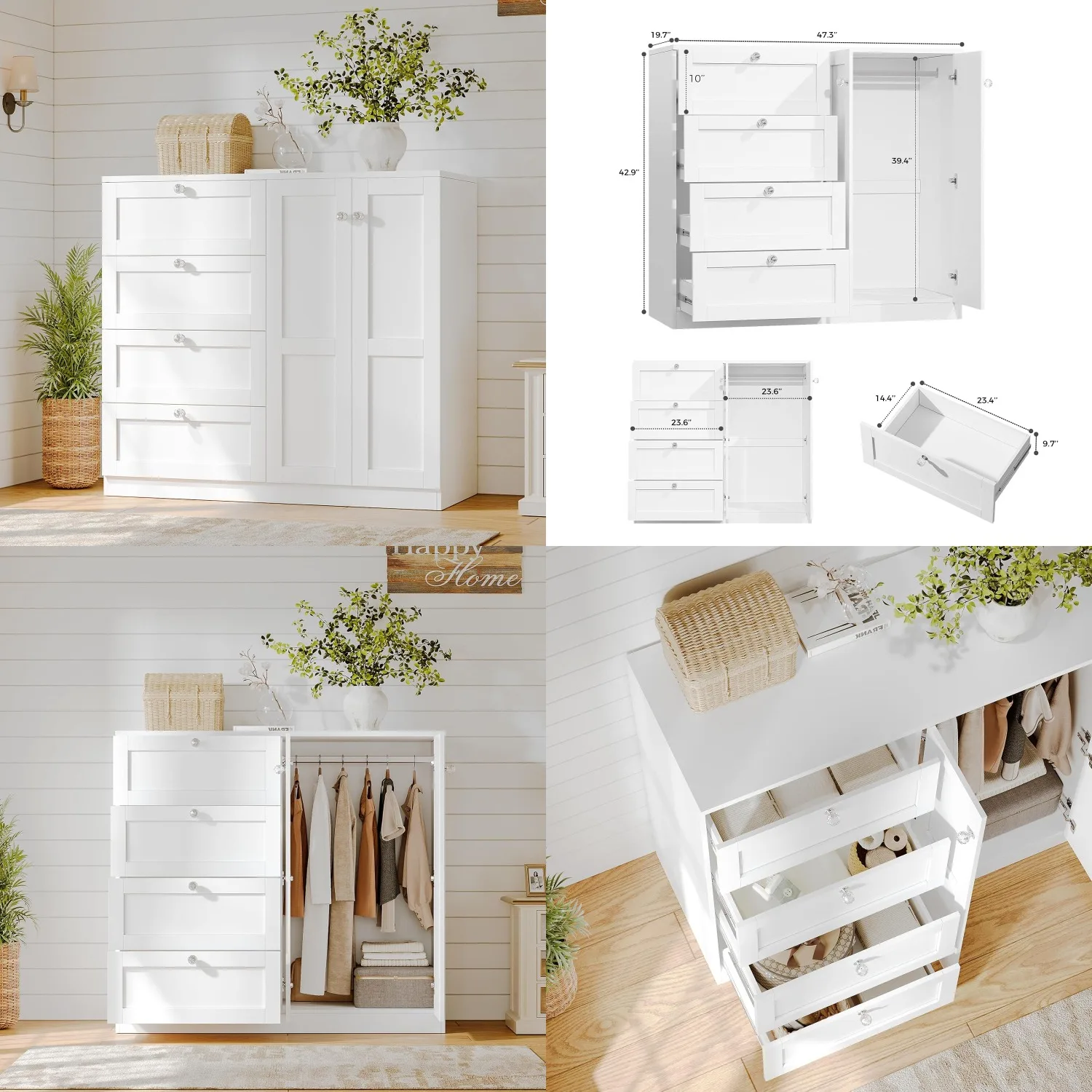 4-Schubladen 2-Türen Kleiderschrank mit Kleiderstange 43 Zoll Kleidungsaufbewahrungsschrank für Schlafzimmer Babyzimmer Weiß Anpassbar