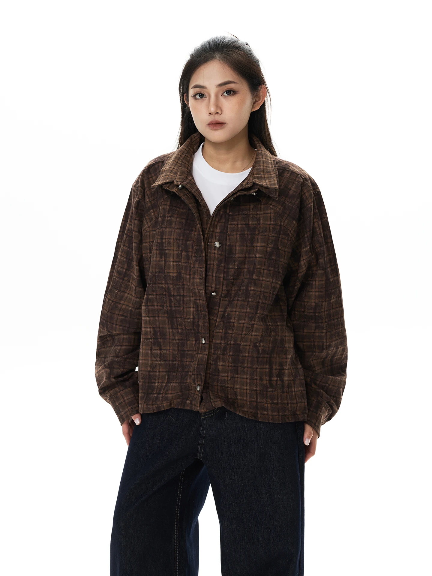 

Talk Later Vintage Style Plaid Shirt Women Loose Short Outerwear False Two-Piece Comfortable Lazy Style Long Sleeve Button up
