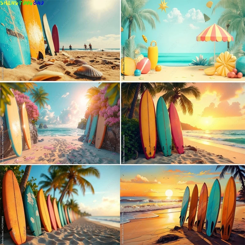 

Colorful Surfboard Palm Trees White Sand Blue Water Summer Beautiful Tropical Beach And Sea Landscape Photo Background FN-01