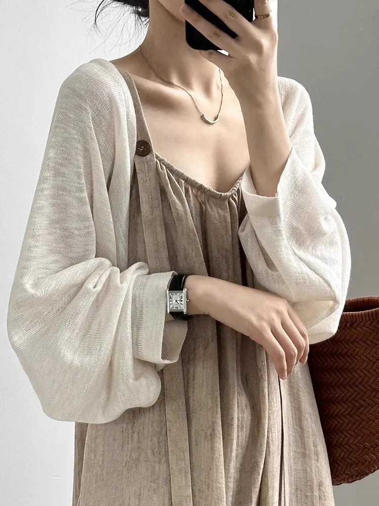 Women's Summer Sleeveless Knitted Shawl Cardigan Thin Long Sleeve Bat Wing Sun Protection Outerwear V-neck Casual Straight-cut