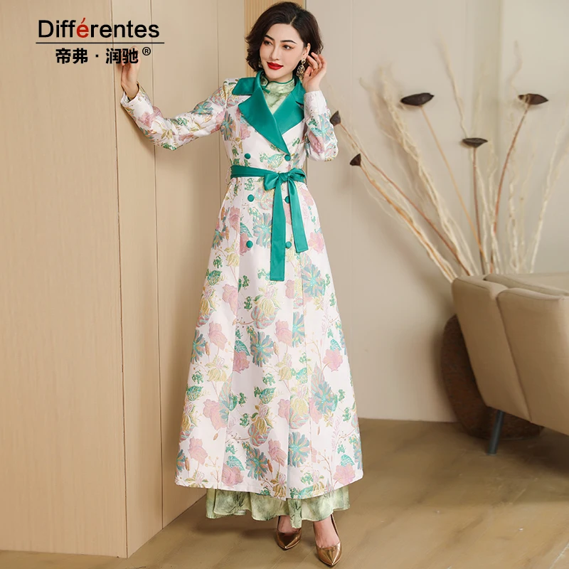 

Luxury Women Autumn Winter Jacquard Coat Floral Double Breasted Long Coat Quality Jacket Overcoat Pacthwork Design with Belt