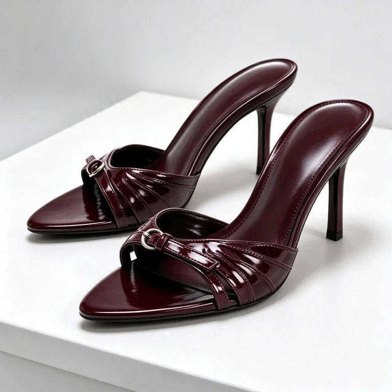 Burgundy Metallic Buckle Detail Slingback Heels Women Fashion Narrow Band Design Mules Sandals Sexy Open-toe Designer Slippers