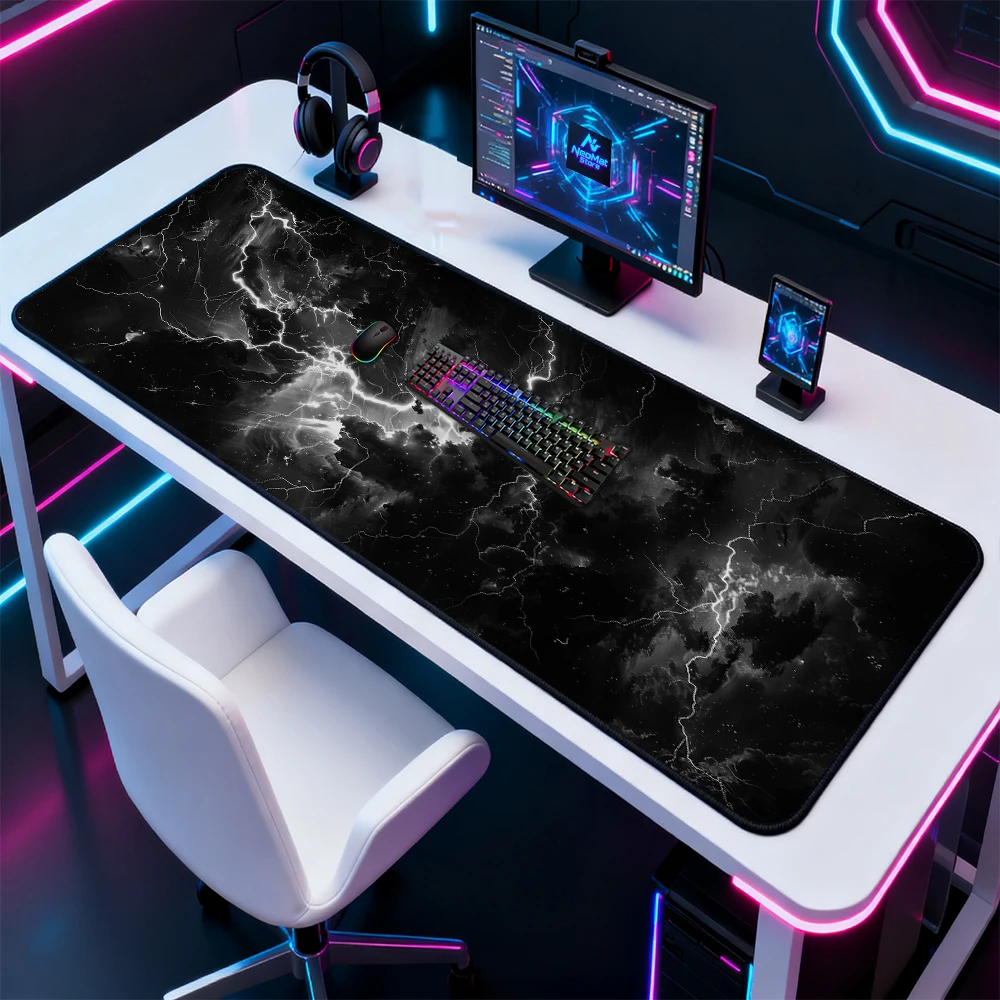 Lightning Mouse Pad Extra Large Gaming Desk Mat White 160x60 Monochrome Black Mousepad 1800x600 Accessories Full Desk Mousepads