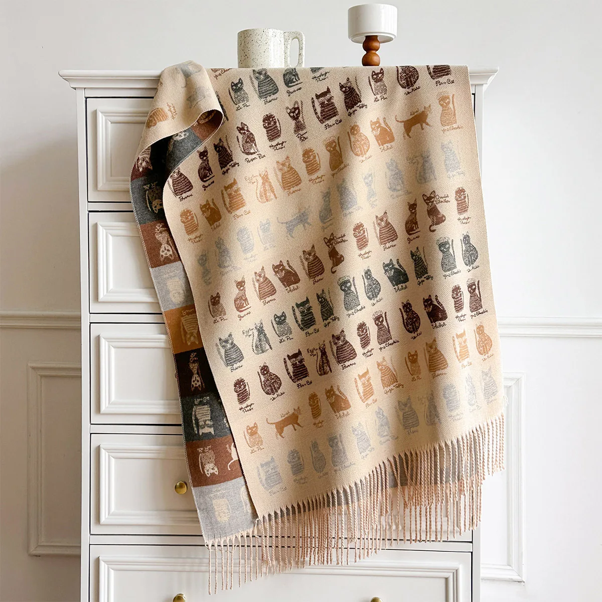 Premium Faux Cashmere Scarf Women Beige Lovely Hand Drawn Cat Character Motif Thick Cozy Warm Fringe Large Wrap Shawl