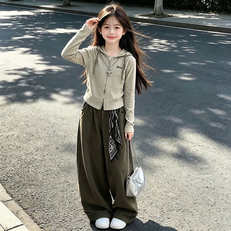 New Autumn Winter Girls Children Set Jacket Narrow Waist Teens Crop Top Hooded + Wide Leg Pant Tracksuit 4 5 6 8 10 12 14 Year