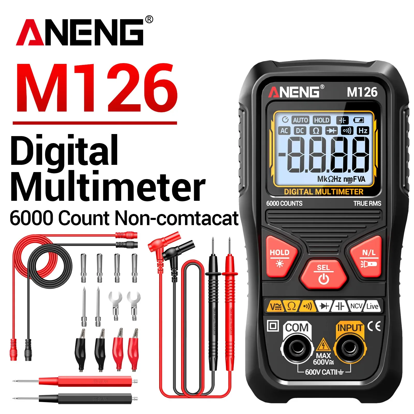 ANENG M126 high-precision multimeter for AC/DC 600V voltage 40MΩ resistance measurement identification of neutral and live wires