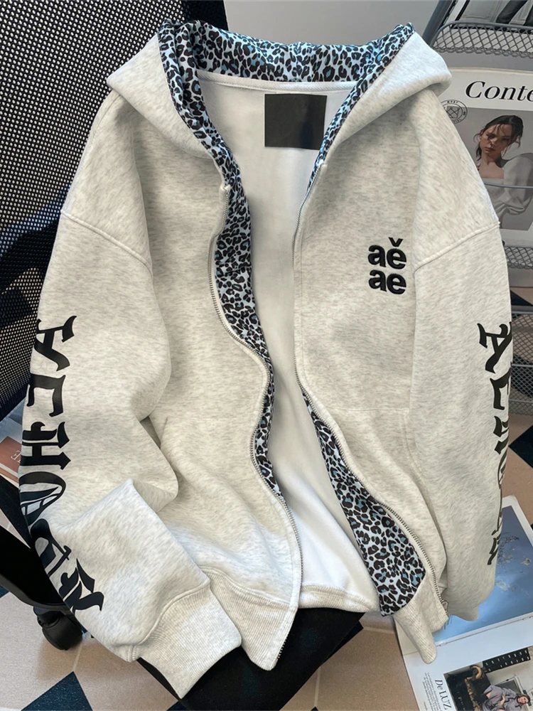 

Женская толстовка с готическим принтом и леопардовым пэчворком в американском хип-хоп стиле, осенне-зимняя, свободного кроя, с длинными рукавами и молнией