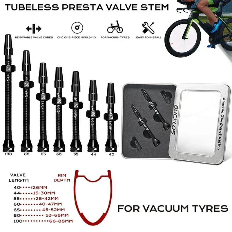 BUCKLOS Valvola per bicicletta Tubeless 40mm Stelo Presta Valve Strada MTB Bici 60mm In lega di alluminio Tubeless Pneumatico Nucleo Valvola di rimozione Scatola