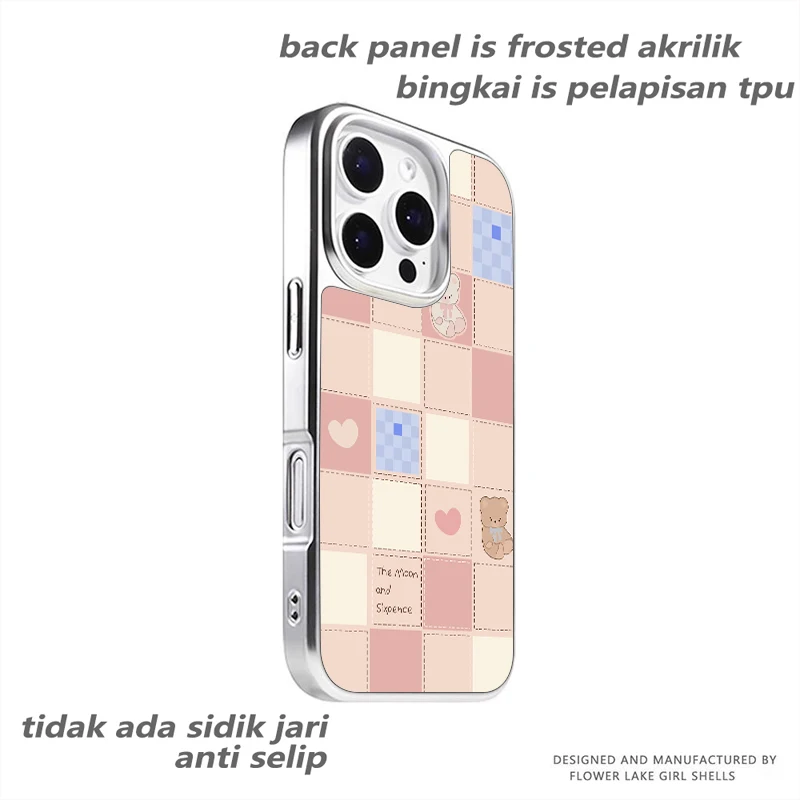 한국 스타일 만화 체크무늬 곰 프로스트 백보드 실버 테두리 충격 방지 폰 케이스 아이폰 17 16 15 14 프로 맥스용