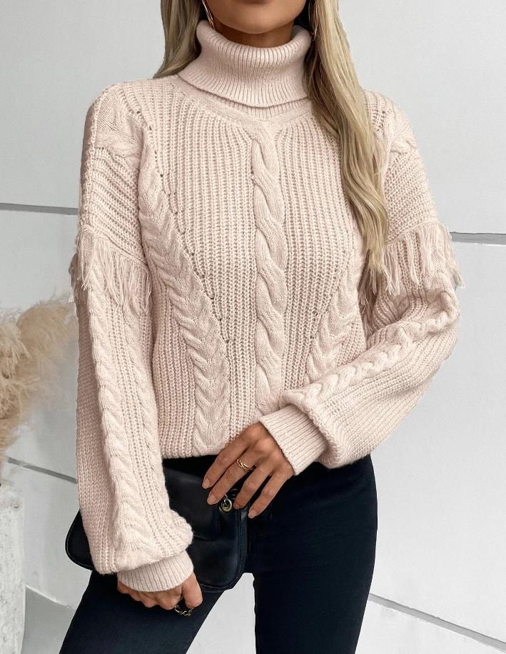 

Women's Solid Color Top 2024 Autumn Winter Tassel Twisted Flower Pullover Sweater Vintage Long Sleeved Loose Fit Knit Sweater