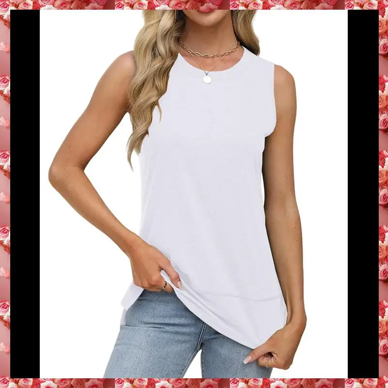 Womens Summer Tank Tops Sleeveless Round Neck Casual Side Hem Tops Loose Fit