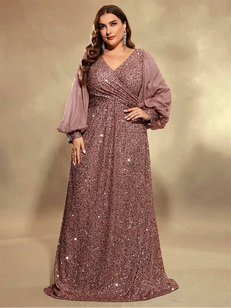 Plus Size V-neck Long Sleeve Floor-length Sequin Evening Dress 4XL 5XL Big Size Luxury Bridesmaid Shining Evening Dress Women