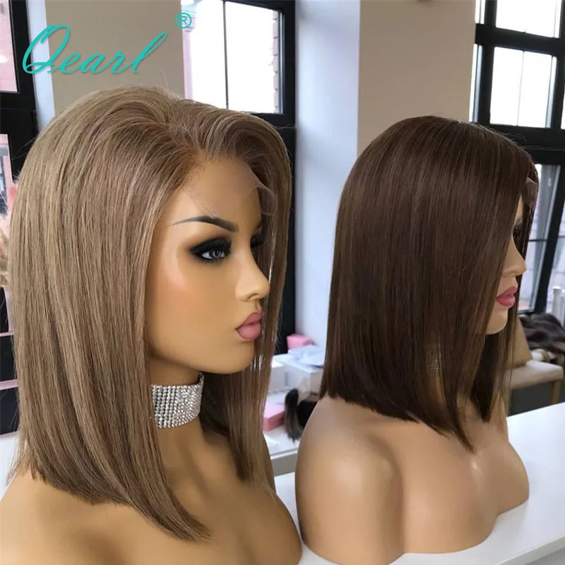 Lace Frontal Wigs Medium Brown Blonde New in Short Bob Human Hair Wig 13x4 Glueless Straight Lace Front Wig Pre Plucked Qearl