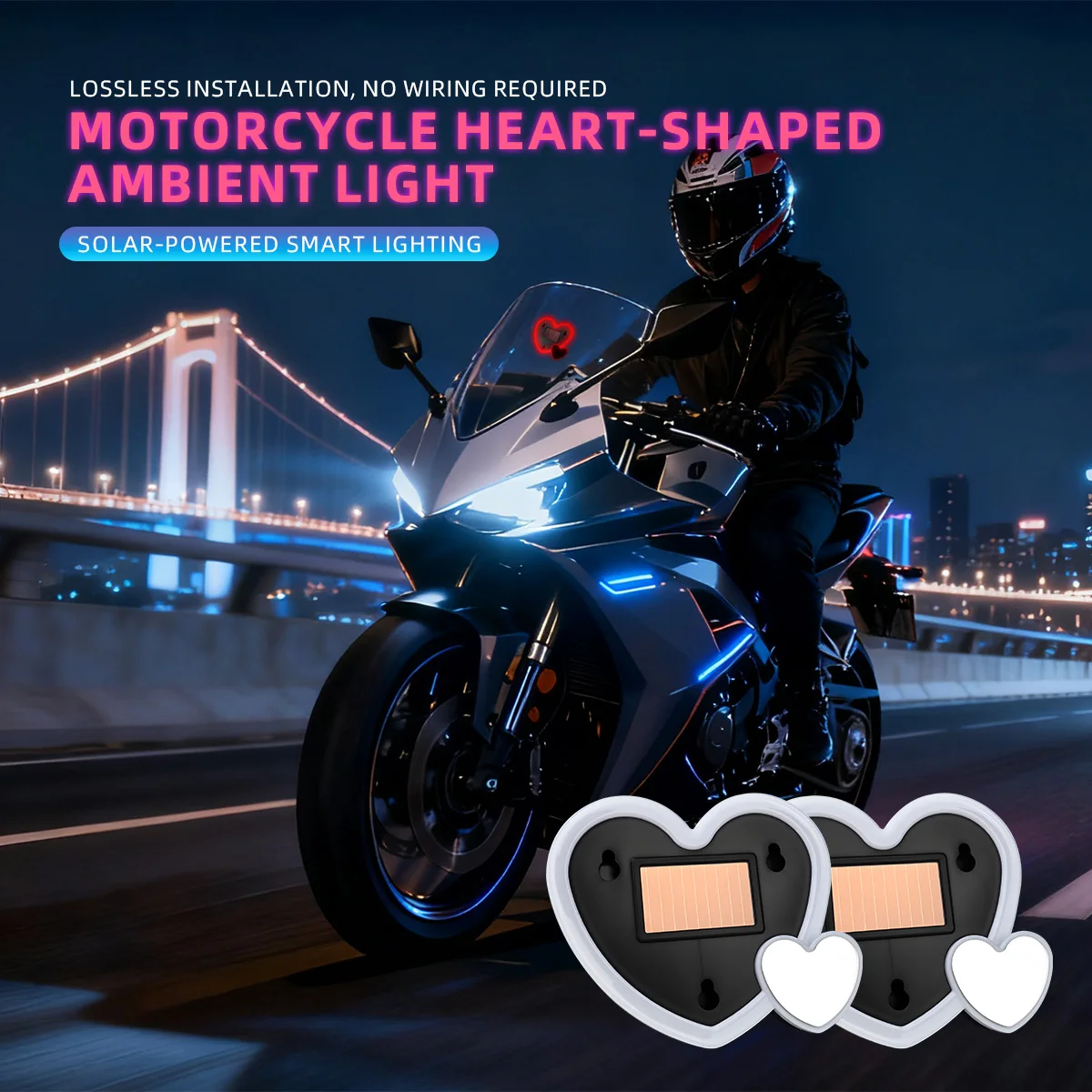 2X Colorful Solar Power Motorcycle Decor Ambient Light Suction Cup USB Rechargeable Car RGB LED Dynamic Ambient Light Accessory