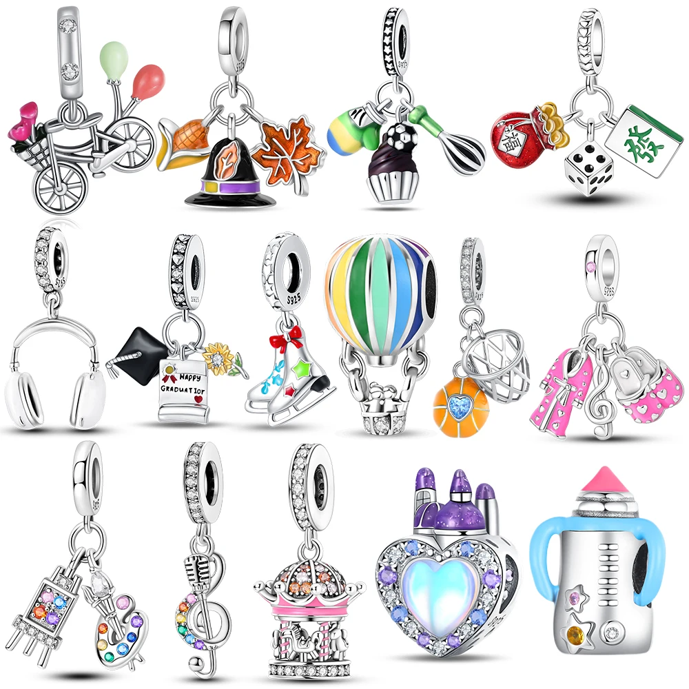 Fun Hobby Bicycle Basketball Art Silver Plated Beads Original Charms Fit Bracelets Bag Keychain Charms DIY Women Gift Accessory