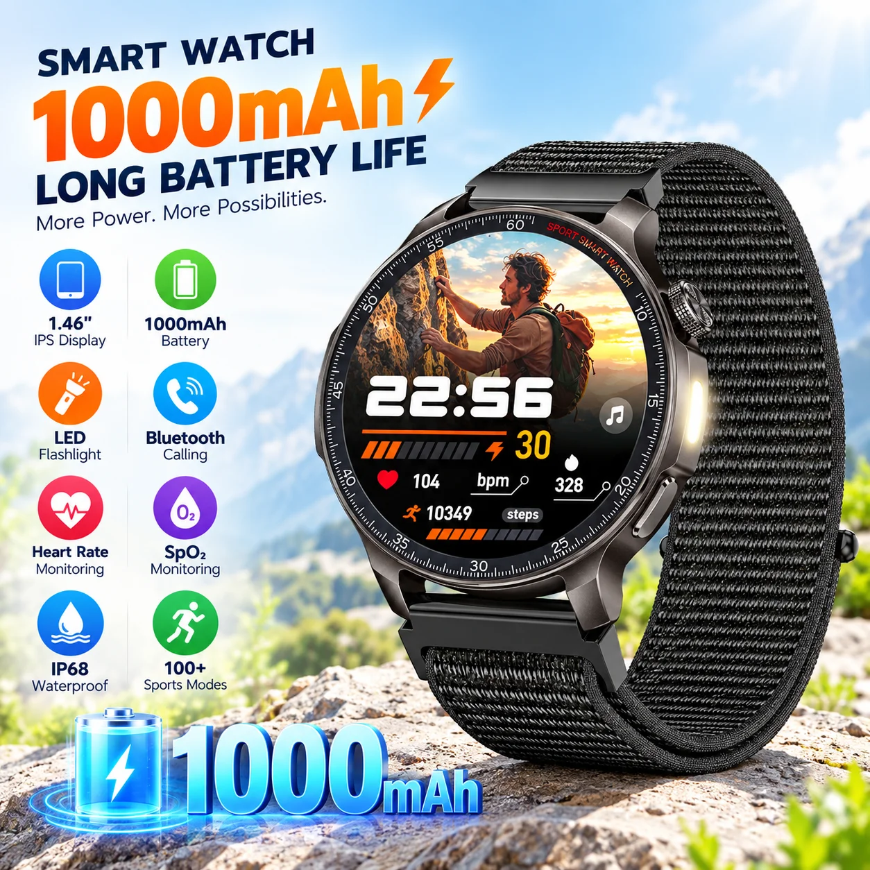LIGE Fashion 1000mAh Large Battery Smart Watch Men Bluetooth Call Sports Health Monitor Waterproof Flashlight 1.46