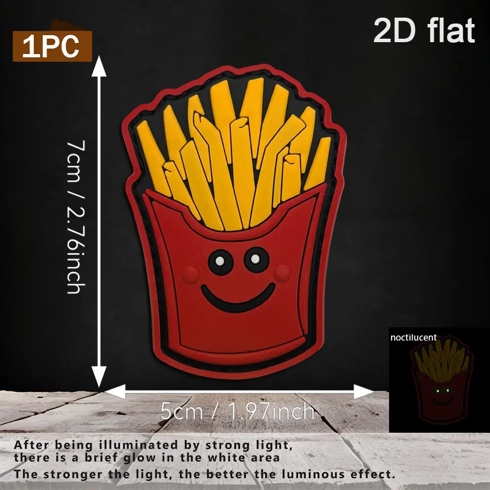 1Pc/2Pcs/3Pcs Optional Fun French Fries Illustration Art Theme Pvc Patch Arm Badge Decal Emblem with Glow-In-The-Dark, Sun-Resistant, Non-Fading Features for Luggage, Clothing, and Packaging Decoration, Comes with a Backing Sheet