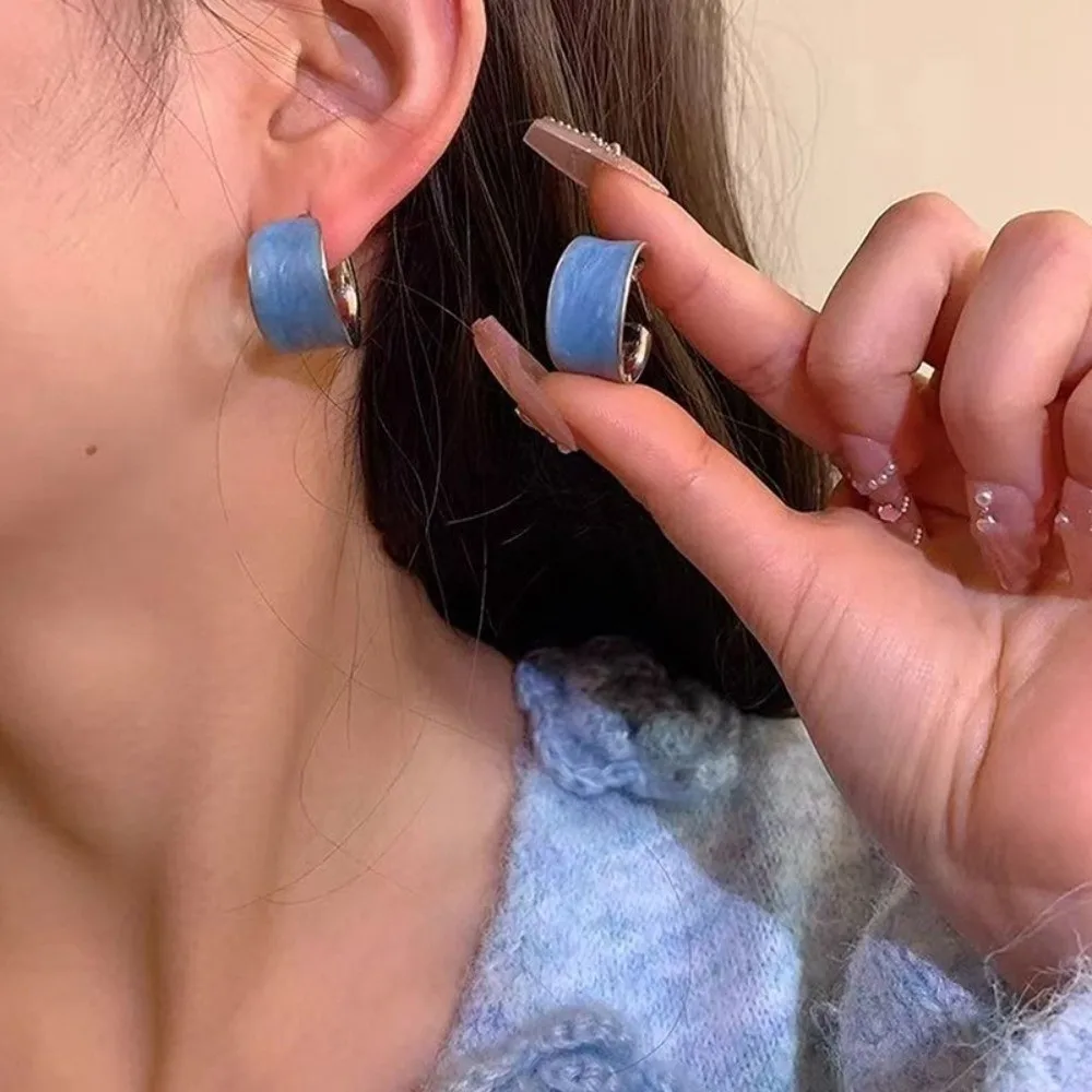 Minimalist Silver Needle Earrings Elegant Flower Blue Oil Stud Earrings Retro Style Light Luxury C Shaped Earrings Daily Wear