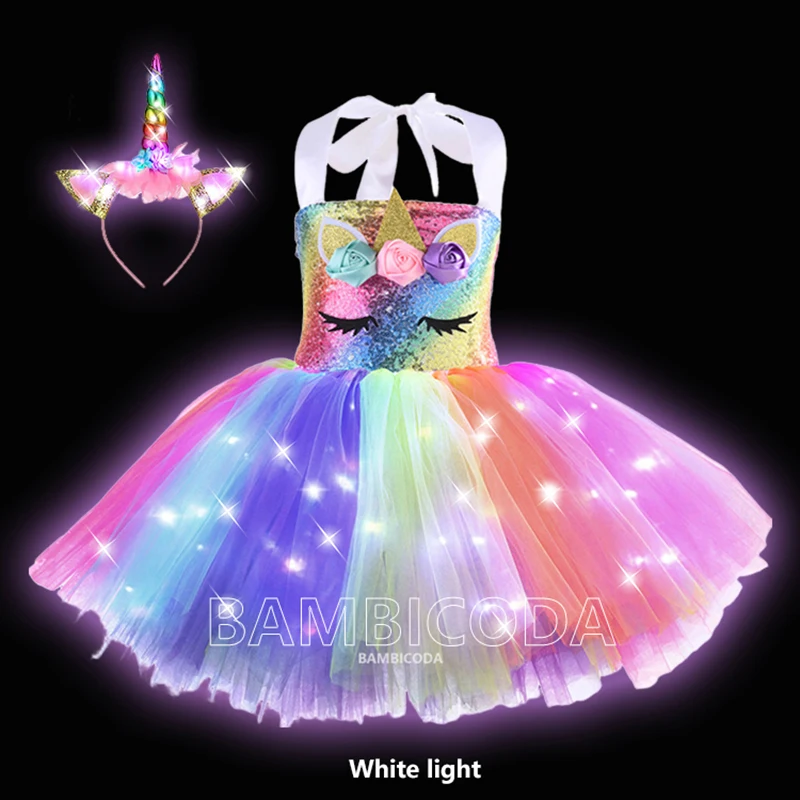 Bebê meninas unicórnio tutu vestido piscando luz arco-íris princesa festa de aniversário crianças halloween realizar traje vestidos infantis