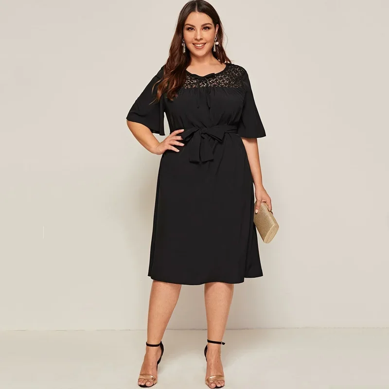 Plus Size Tie Front Elegant Summer Dress Women Ruffle Sleeve Sashes Midi Dress Lace Patchwork Loose Casual Dress Large Size 6XL
