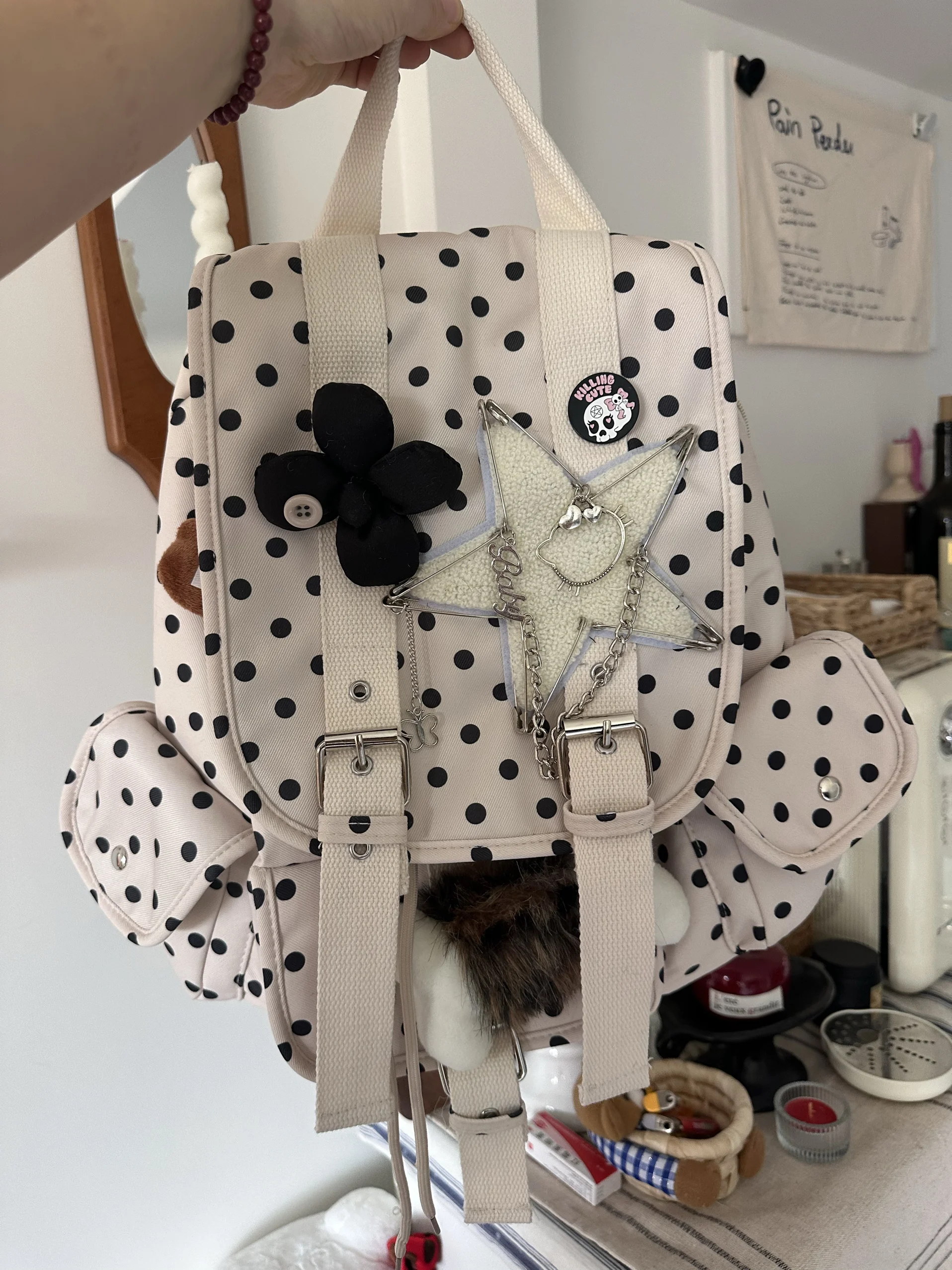 

Bla Cherry Dot Pattern Retro College Sle Casual Y2K Double oulder Bag for Young Women Magnetic Bule Closure Large Size