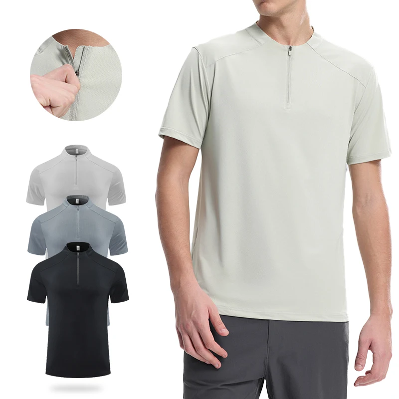 

(M-4XL)Quick Dry Running T-Shirt Men Stand Collar Half Zipper Men's Fitness Clothes Loose Fit Training Sports Short Sleeves