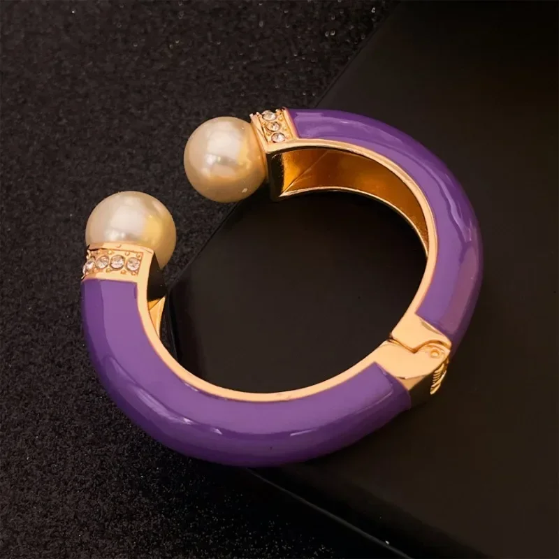 Designer New Vintage Purple Enamel Natural Pearl Rhinestones Open-ended Women's Bangles High-end Palace Style Jewelry Gift