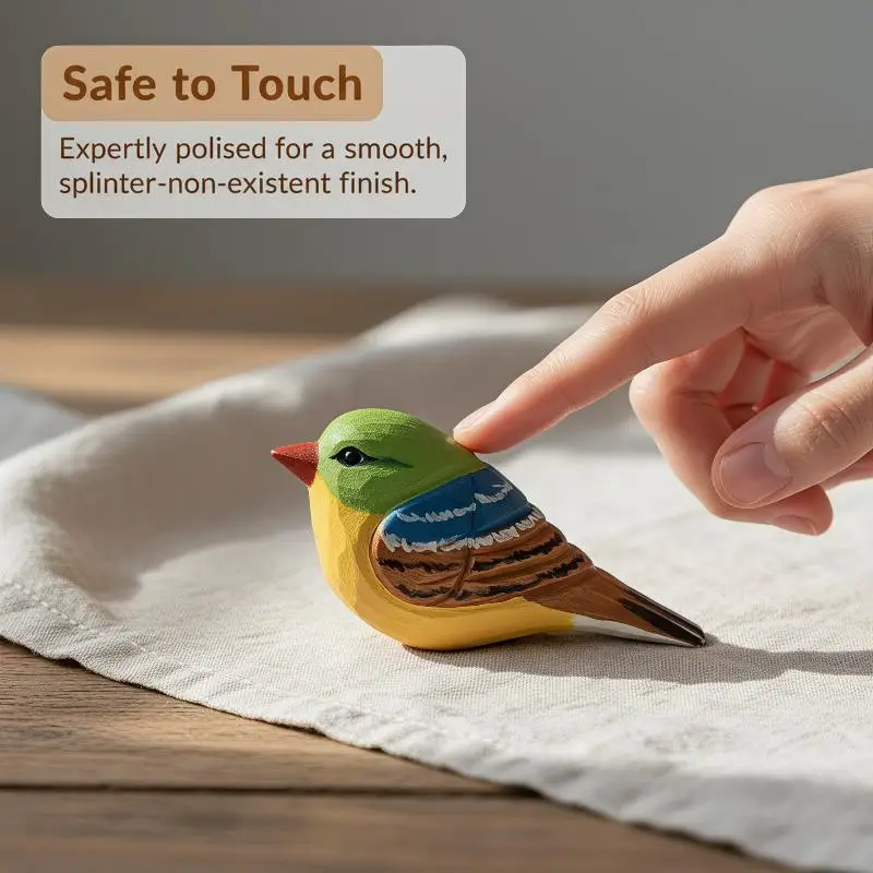 Hand Carved Wooden Bird Figurines Premium Natural Wood Base Colorful Hand Painted for Office Reception Decor Art Ornament