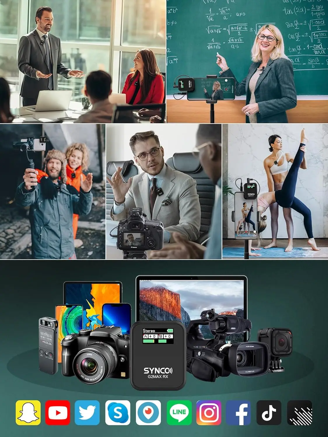 Immagine 6: SYNCO G2 A2 MAX Microfono lavalier wireless Doppio trasmettitore 2.4G Registrazione 24 ore 656FT 8H per streaming Vlog in classe online