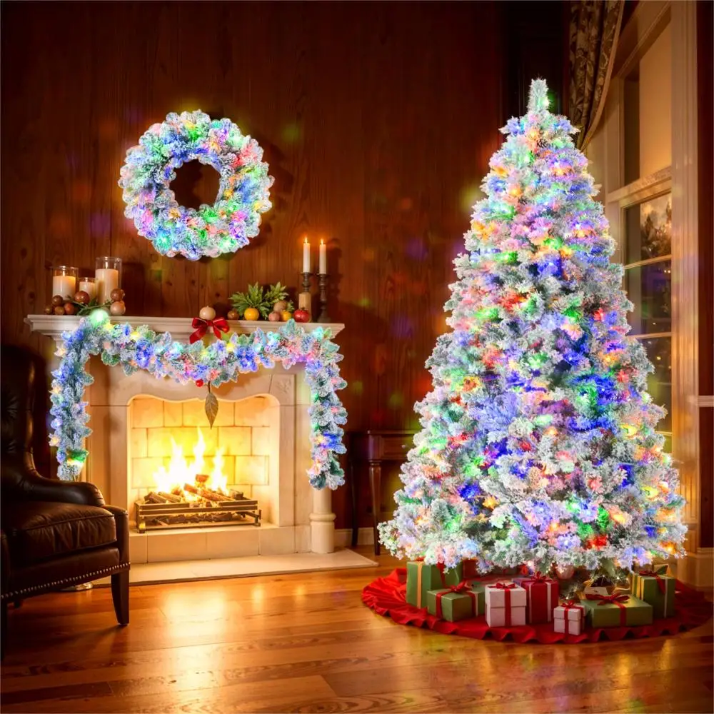 Pre-Lit Set with Tree & Garland & Wreath, Artificial Hinged Xmas Tree with Colorful LED Lights, 8 Lighting Modes, Pine Cones