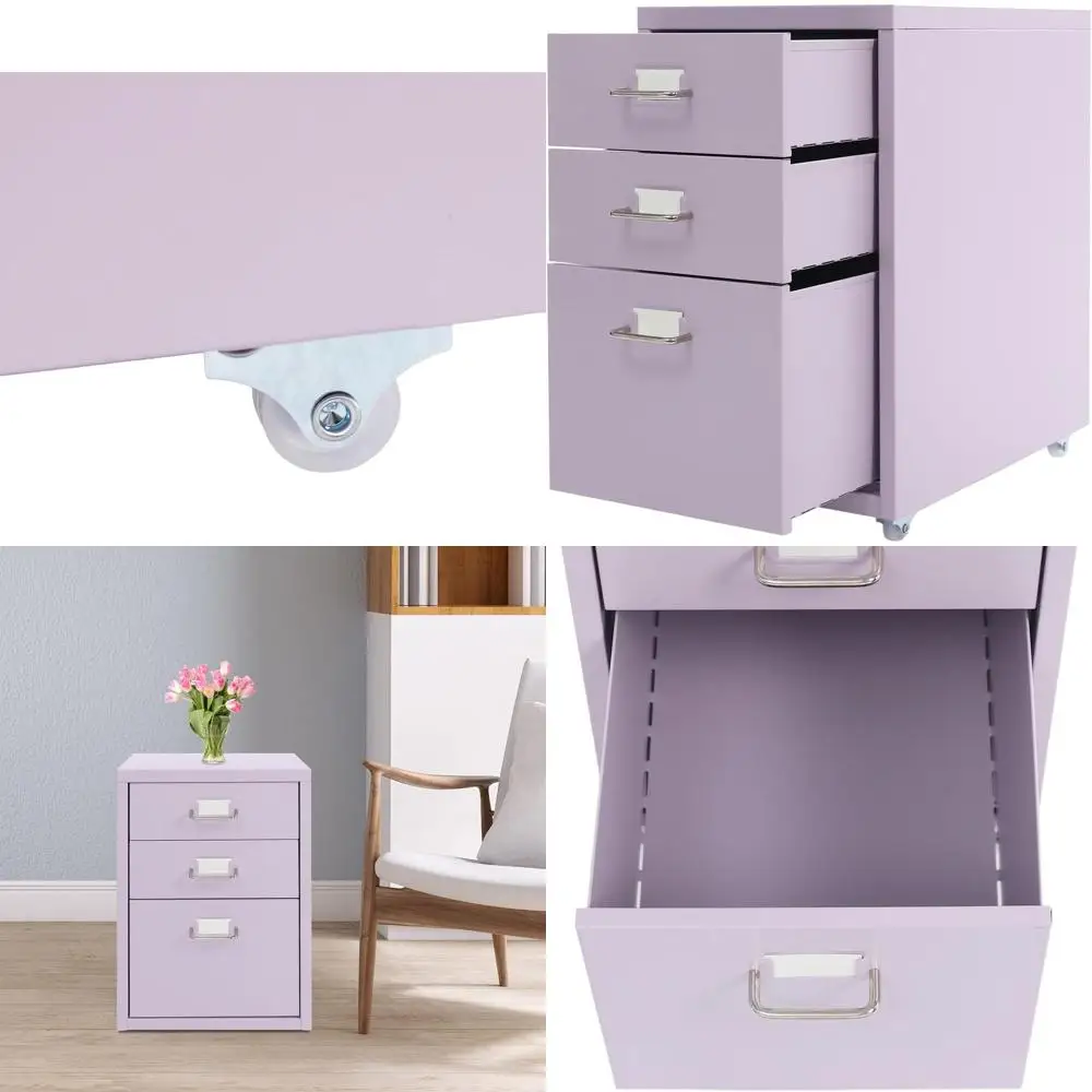 

Портативный металлический шкаф для документов с 3 ящиками и колесиками, компактный настольный органайзер для дома и офиса, фиолетовый.