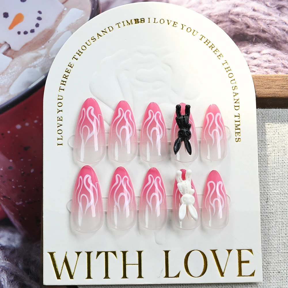 24개 귀여운 토끼 불꽃 디자인 핑크 그라데이션 아몬드 모양 플라스틱 네일, 광택 아크릴 풀커버 여성용 프레스온 네일 (도구 포함)