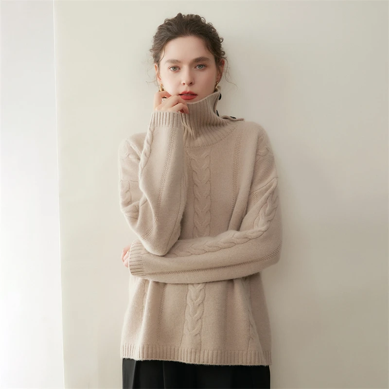 Women Cashmere Sweater Turtleneck Side Open Buckle Pullover Twisted Flower 100% Cashmere Knitwear Autumn Winter Loose Thick Tops