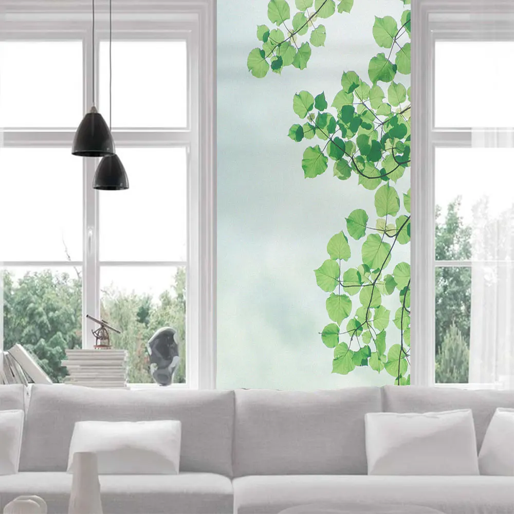 

Glue-free Static Cling Privacy Glass Window Frosted Sticker Green Leaf Pattern Glass Door Film Anti UV Bathroom Window Film