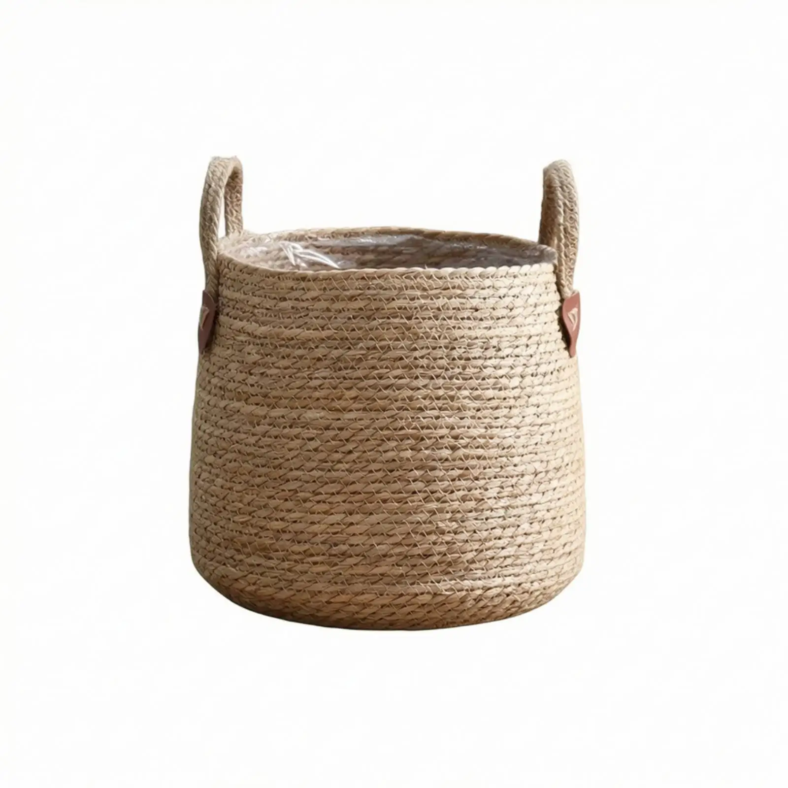 Natural Beige Planter Basket for Indoor Plants with Clear Liner Cattail Grass Storage Container