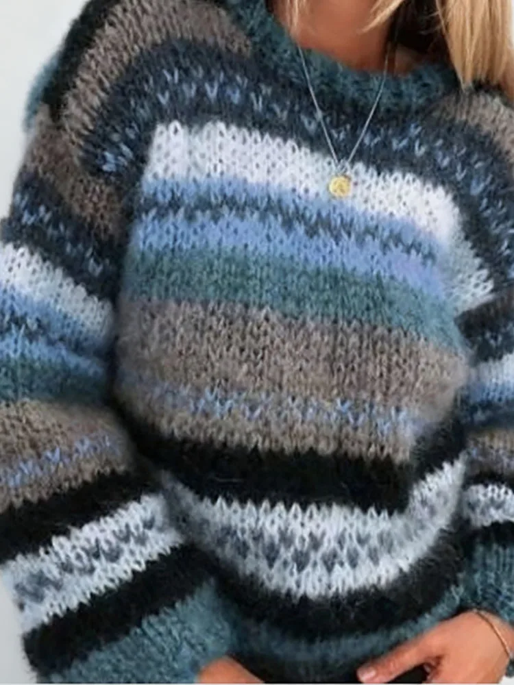 가을 스트라이프 프린트 오넥 스웨터 캐주얼 긴 소매 루즈 니트 풀오버 여성 레트로 편안한 출퇴근용 스웨터 탑