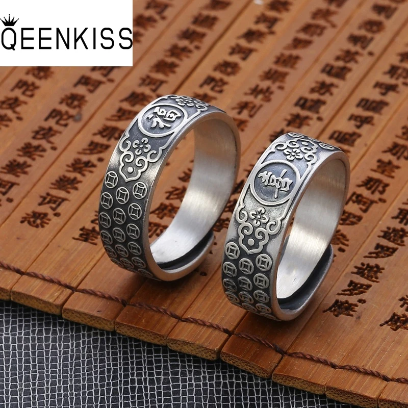 QEENKISS 925 Sterling Silver Vintage FU XI Rings for Women Men Fine Jewelry Birthday Wedding Party Boy Girlfriend Gifts RG6992