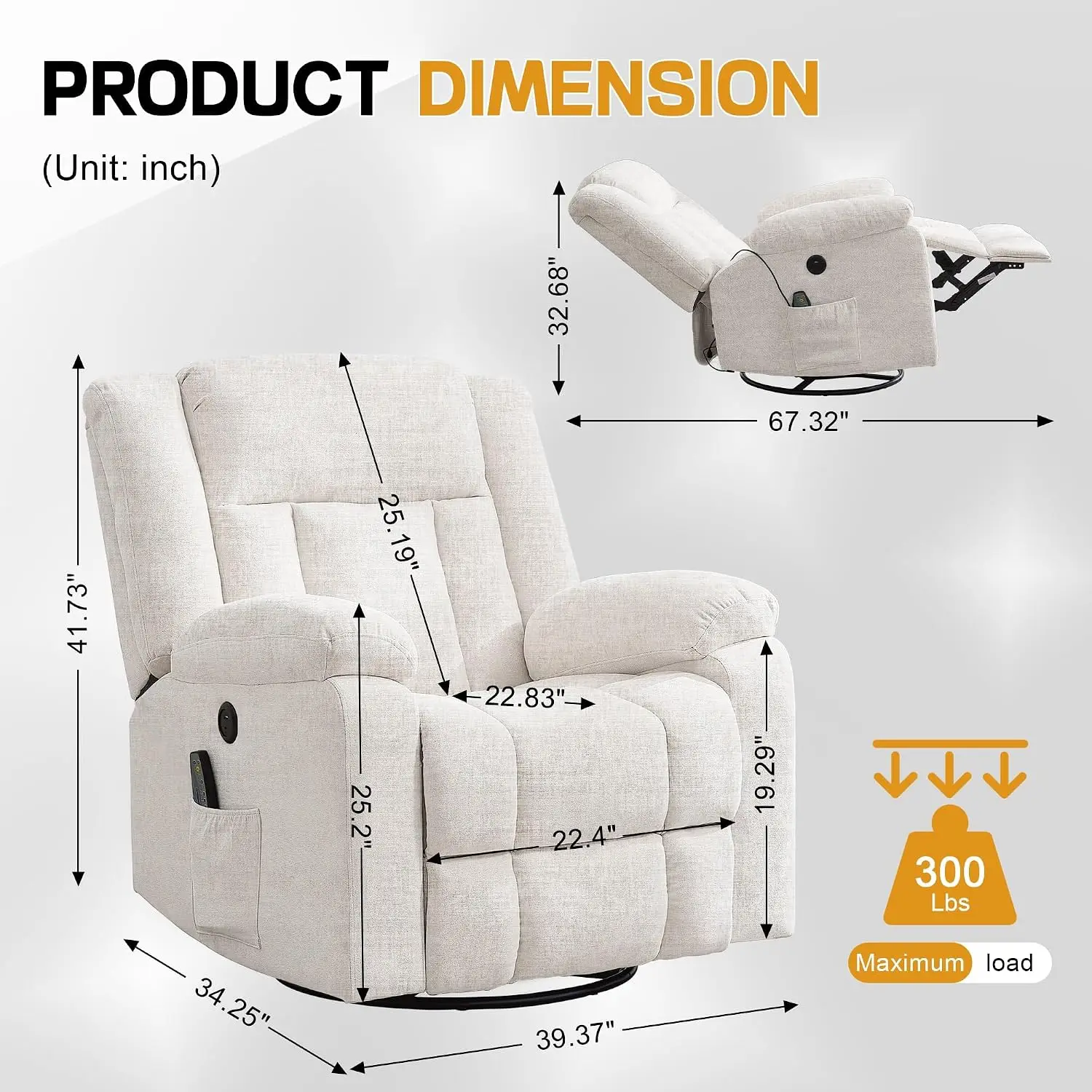 Rocker Recliner, Glider Recliner Chairs for Adults, 360° Swivel Rocking Chair with Massage and Heating, Nursery Chair, Custom