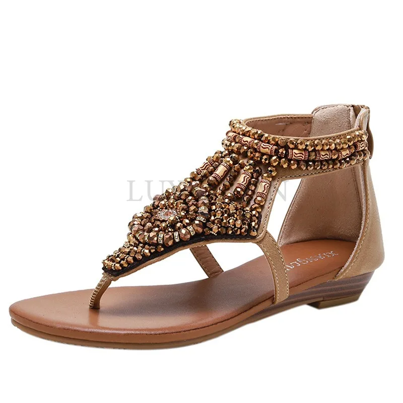 Women Clip on Sandals with Sloping Heels Rhinestones Roman Sandals with T-shaped Straps Handmade Beaded Versatile Shoes