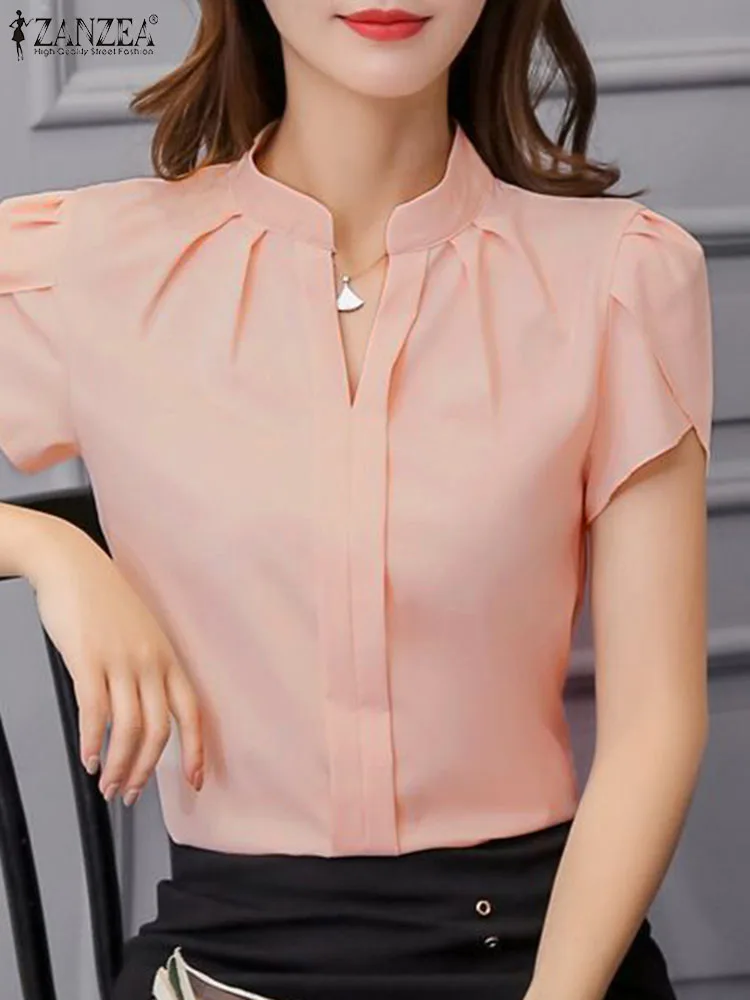 ZANZEA Formal Office V-neck Blusas Women Chiffon Blouses Elegant Ruffles Short Sleeve Tops 2024 Summer Solid Pleating Shirts