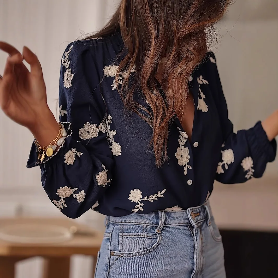 

Autumn Long Sleeves Embroidered Shirt For Women 2025 New Literary Loose Temperament Lapel Blouses Lady Casual Tops Blusas