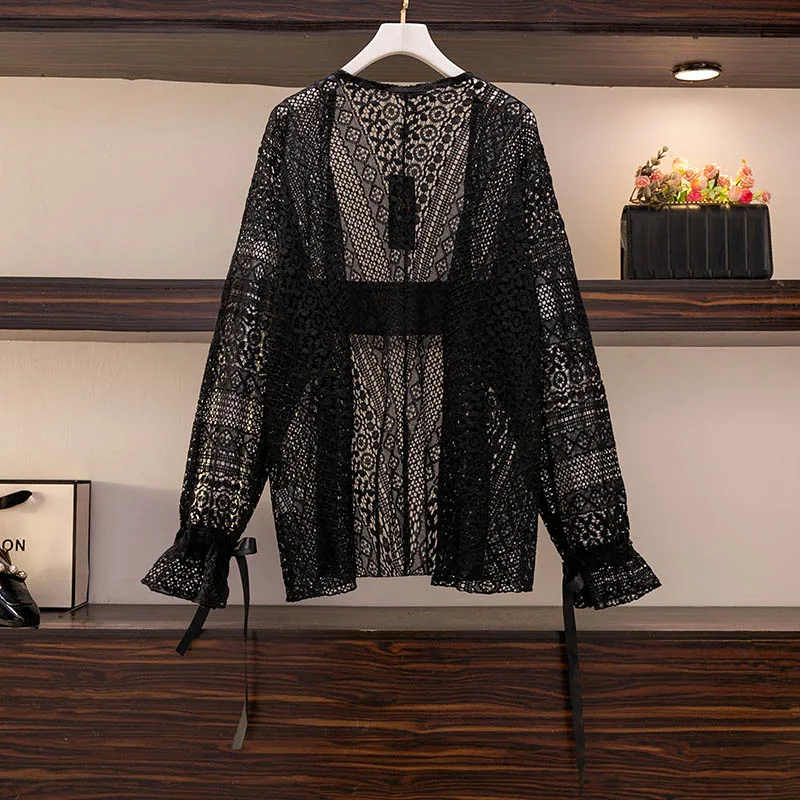 150Kg Plus Size Women\'s Summer Loose Sun Protection Top Bust 150 V-Neck Lace Cardigan Shawl Black Apricot 5XL 6XL 7XL 8XL 9XL