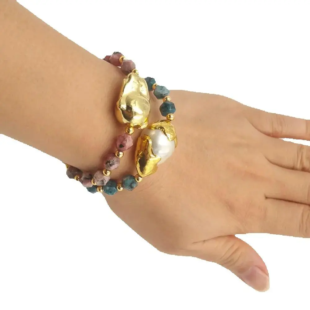 

MPB023 Trendy Female Faceted Stone Bead Jewelry Bracelet Pearl With Gold Plated Charm Women Bracelet Adjustable Size