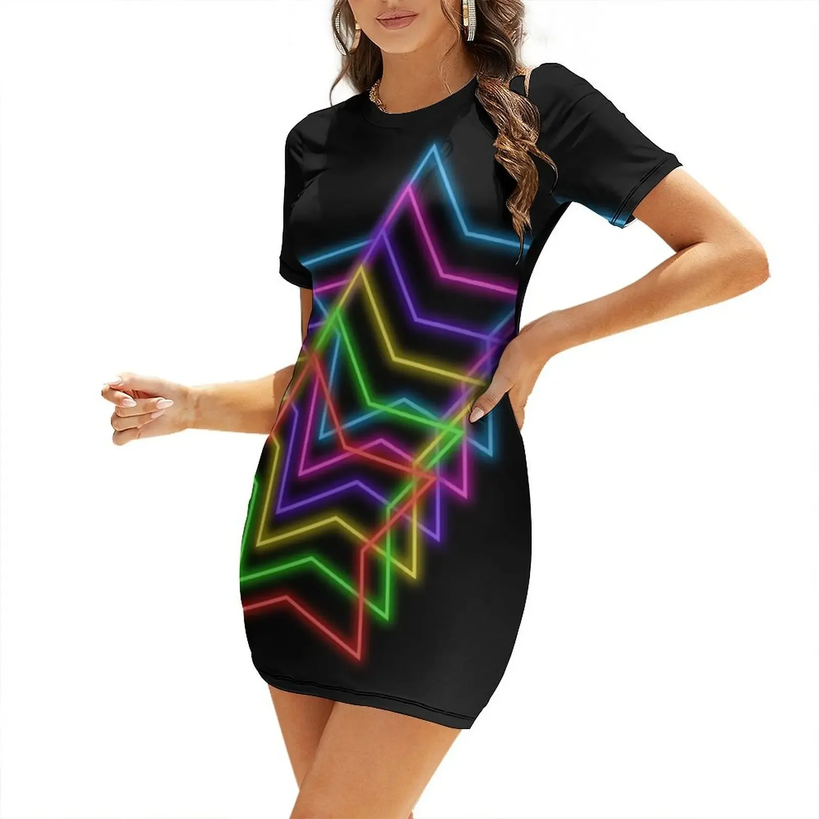 

1980s Rainbow Neon Glowing Stars, Single Image Version Short-Sleeved Dress Dresses for wedding party long dress women Dress