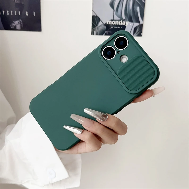 Slide Camera Lens Protection Soft Silicone Case For iPhone 16 15 14 Plus 13 12 11 Pro X XS XR Max 8 7 SE Shockproof Bumper Cover