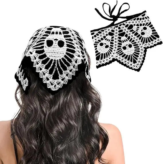 Crochet Bandanas for Women Spider Web Skull Crochet Head Scarf Black Crochet Headband Knitted Headscarf for Halloween Party